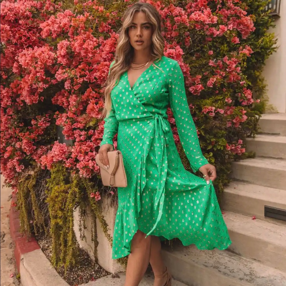REJOICE METALLIC DETAILED WRAP MAXI DRESS - GREEN